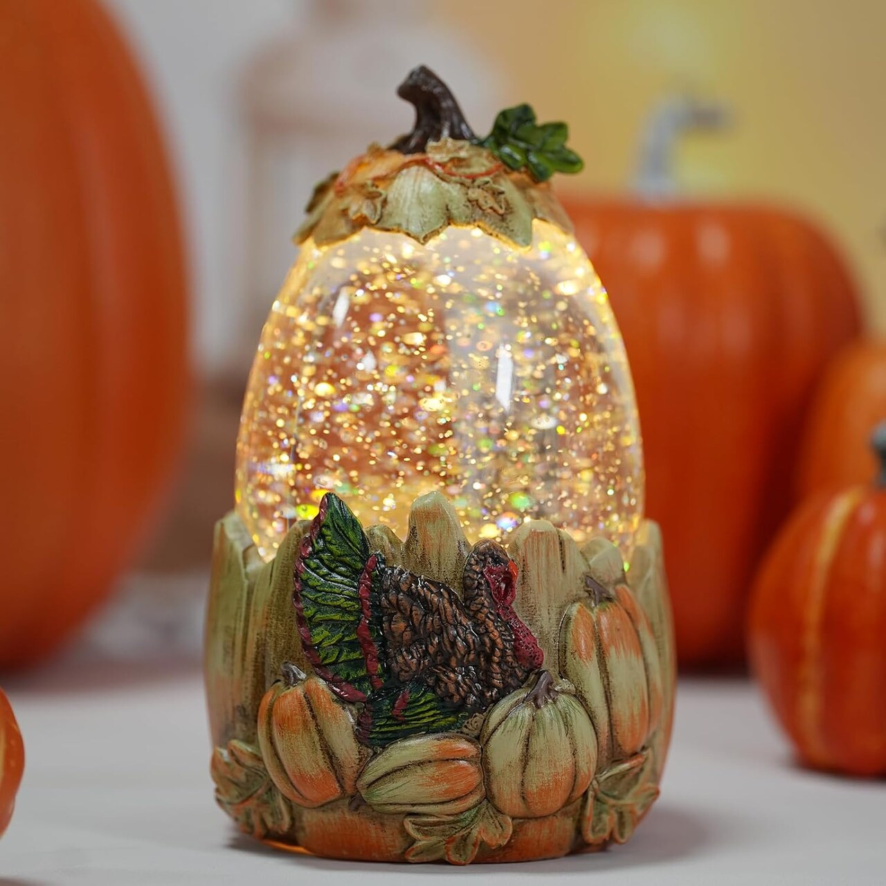 Fall Lantern, Pumpkin LED Lighted Snow Globe Tabletop Decoration